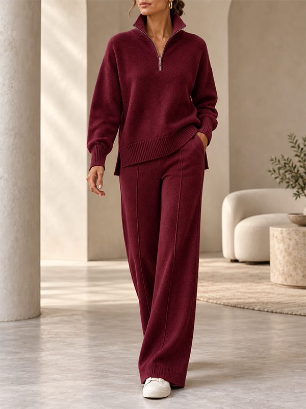 Women’s Quarter Zip Knit Sweater and Wide-Leg Pants Two-Piece Set