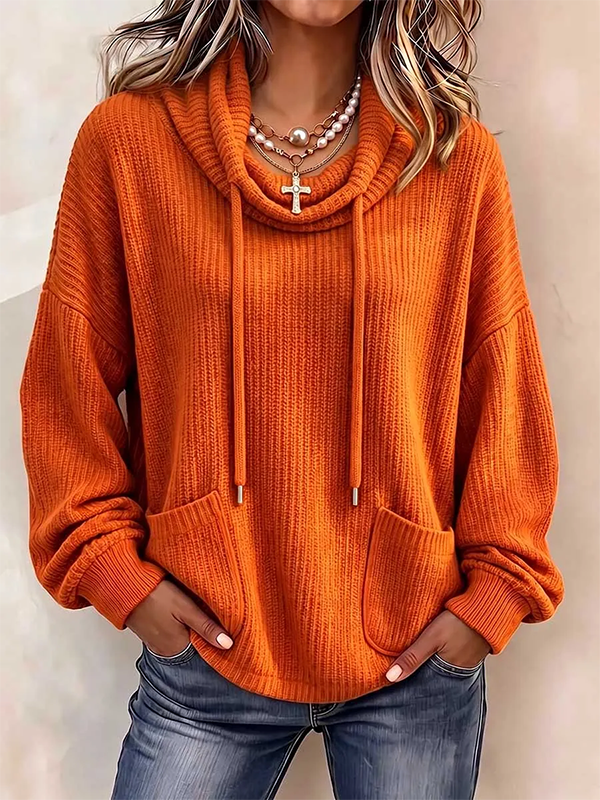 CLEARANCE SALE🔥Women’s Cowl Neck Drawstring Ribbed Knit Pullover Sweater with Pockets