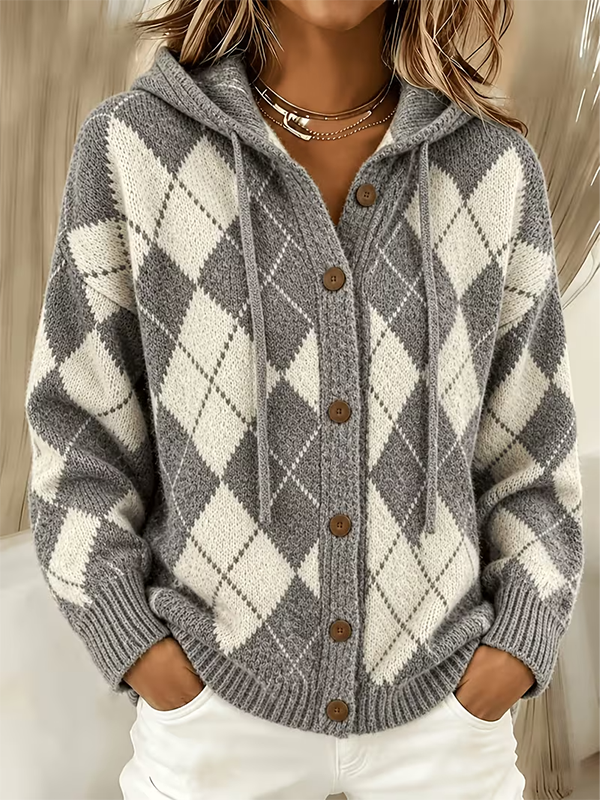 CLEARANCE SALE🔥 Women’s Argyle Hooded Button Front Knit Cardigan Sweater