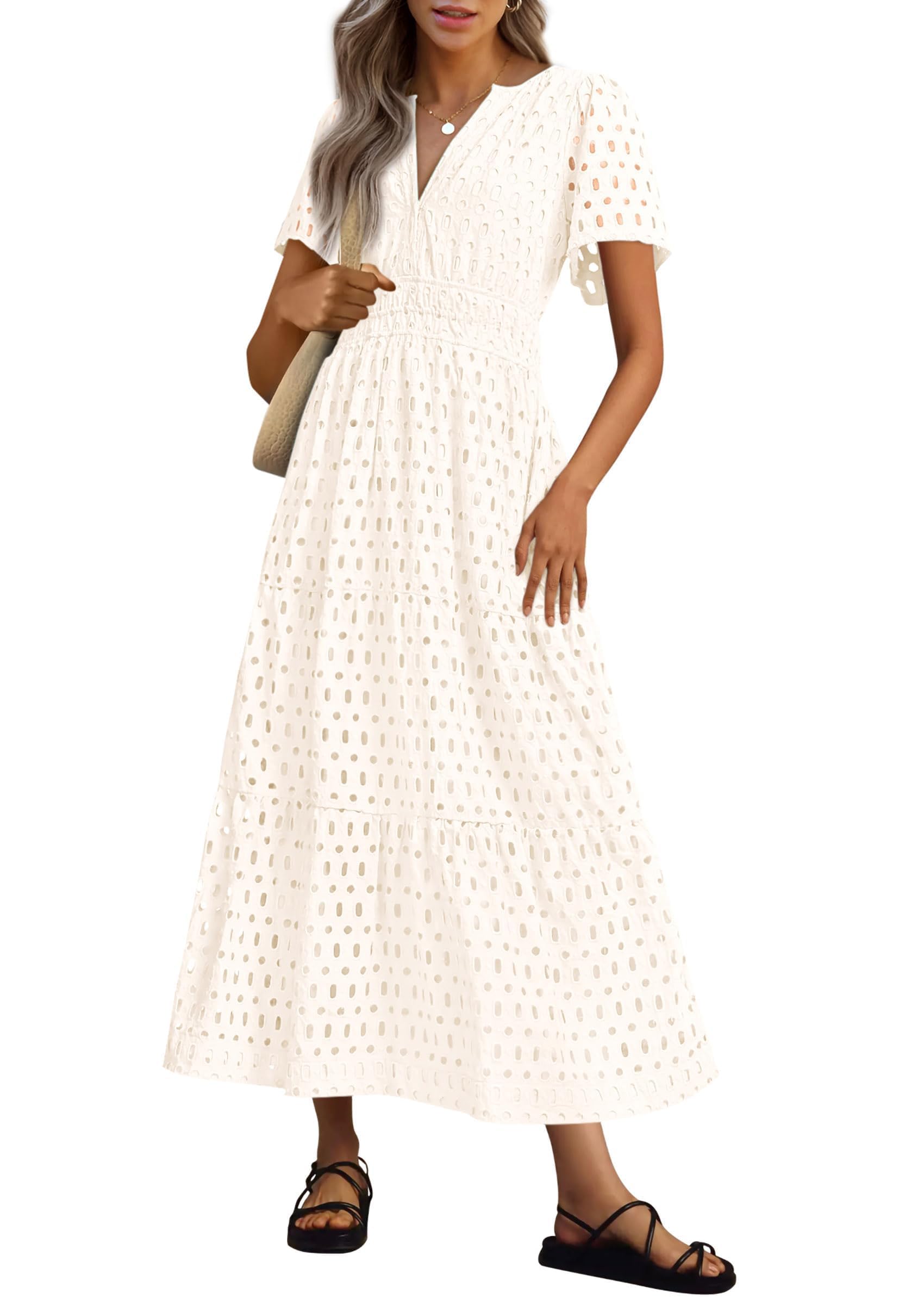 Womens 2025 Summer Maxi Dress Short Sleeve V Neck Hollow Out Eyelet A Line Long Flowy Beach Vacation Dresses