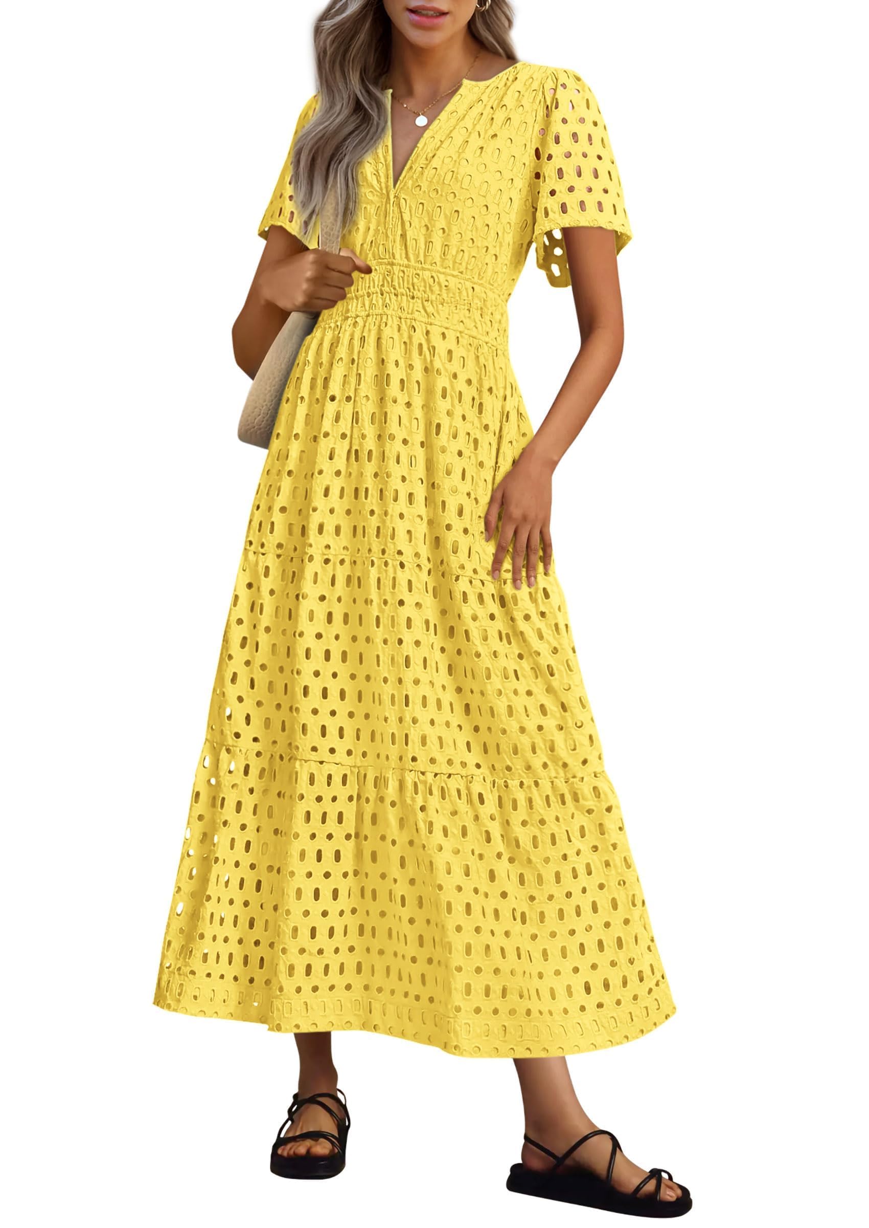 Womens 2025 Summer Maxi Dress Short Sleeve V Neck Hollow Out Eyelet A Line Long Flowy Beach Vacation Dresses