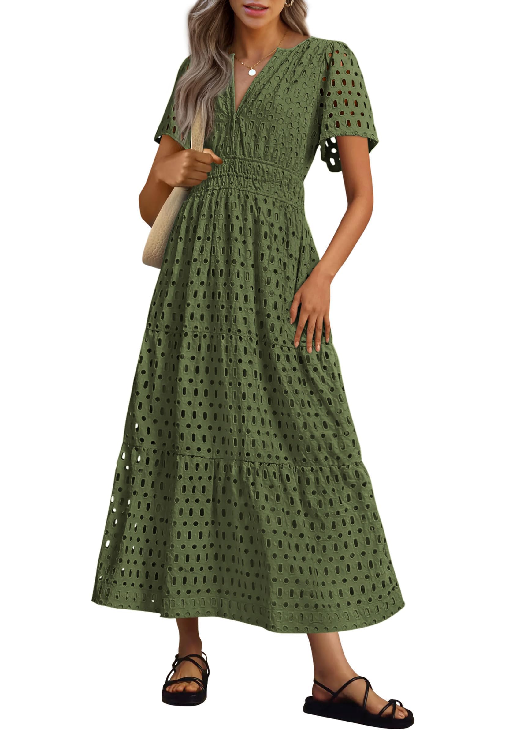 Womens 2025 Summer Maxi Dress Short Sleeve V Neck Hollow Out Eyelet A Line Long Flowy Beach Vacation Dresses