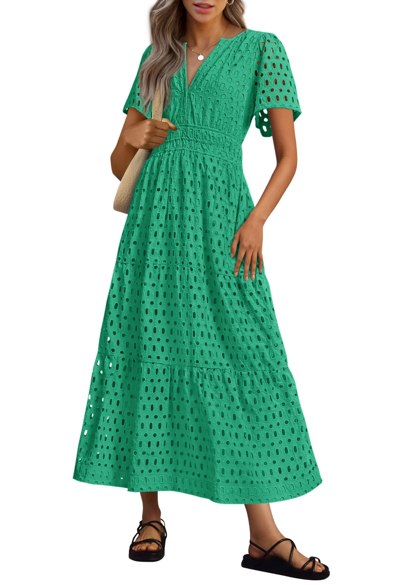 Womens 2025 Summer Maxi Dress Short Sleeve V Neck Hollow Out Eyelet A Line Long Flowy Beach Vacation Dresses