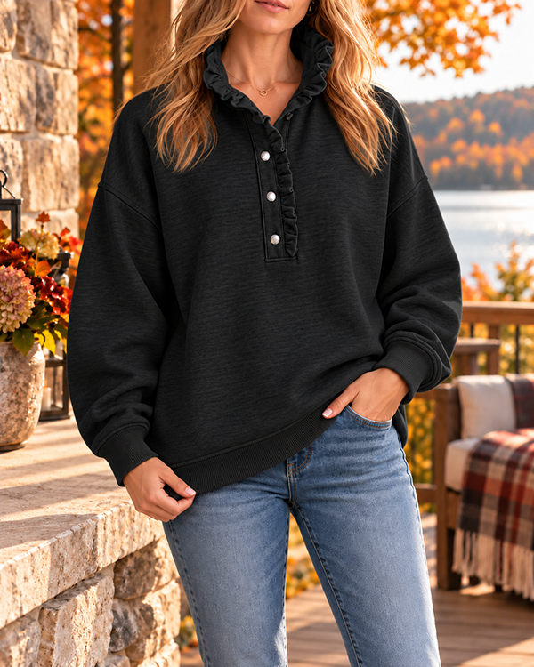 CLEARANCE SALE🔥Women’s Ruffle Collar Henley Button Relaxed Fit Sweatshirt