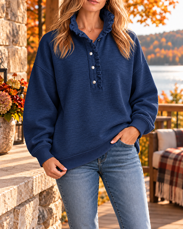 CLEARANCE SALE🔥Women’s Ruffle Collar Henley Button Relaxed Fit Sweatshirt