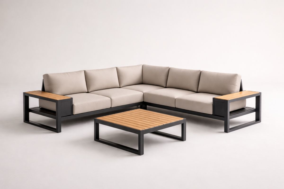 Außenbereich Ecksofa-Set aus Aluminium und Teakholz, Beige 230x230 cm(L × B)