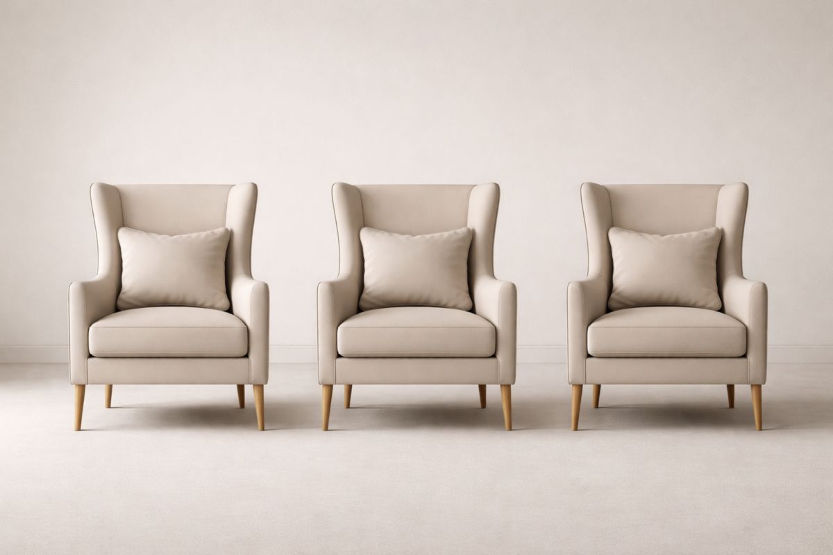 3er-Set Ohrensessel Leinen Beige Holzbeine mit Kissen, Höhe 105 cm Breite 85 cm Tiefe 90 cm