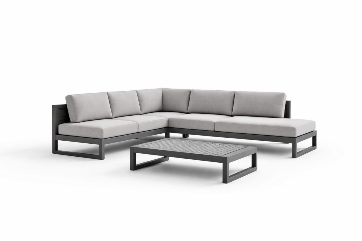 L-förmiges Gartensofa-Set aus Aluminium mit Polyesterkissen, Grau