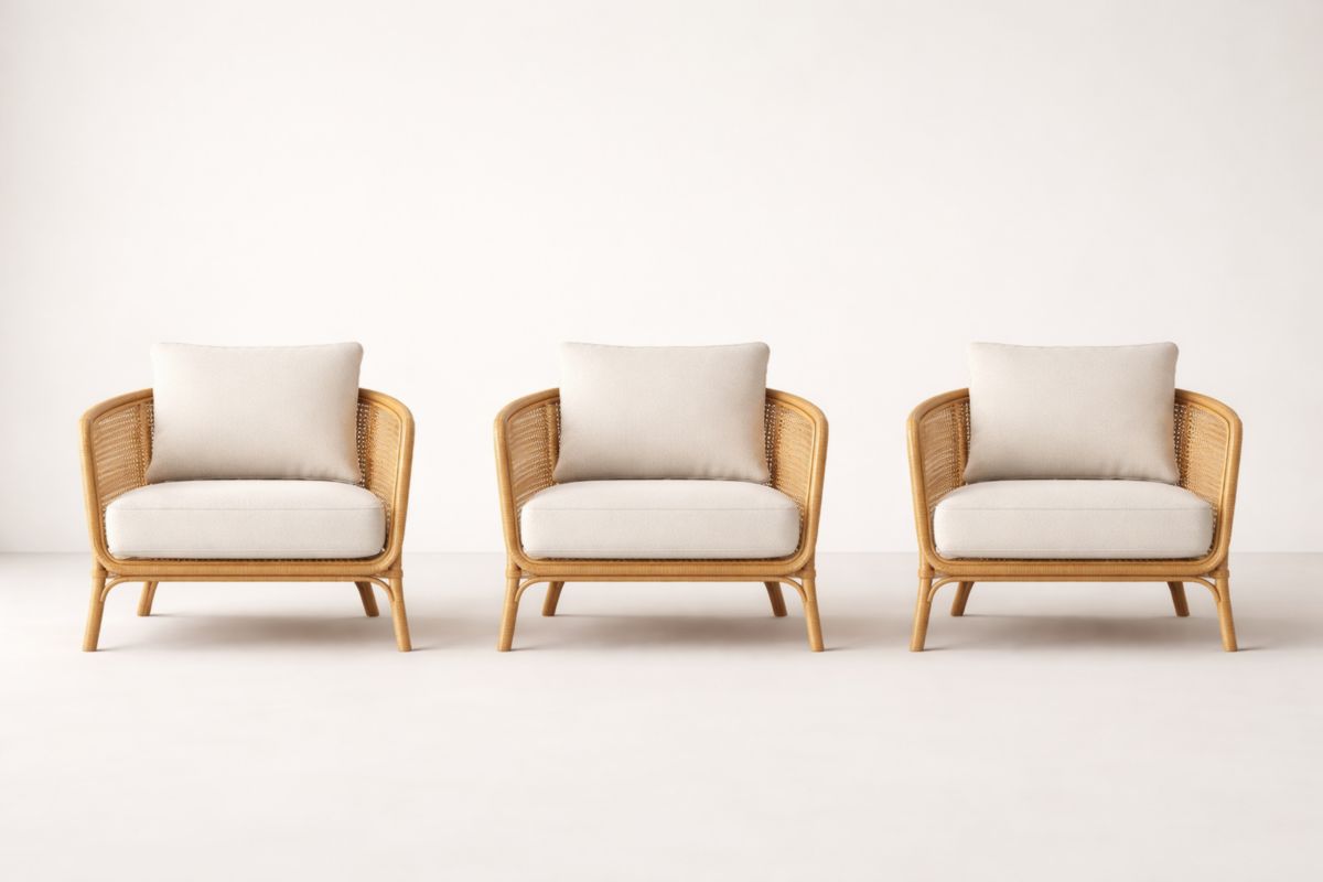 Rattan Sessel Set mit Creme Kissen