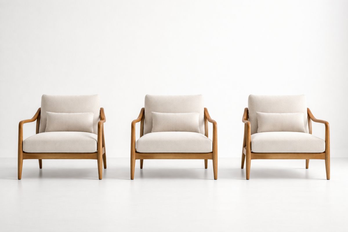 Set aus 3 Sesseln, Holz, Stoff, Beige