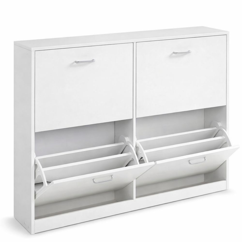 Moderner Schuhschrank mit 4 Klappen für bis zu 28 Paar Schuhe, verstellbare Trennwände, schneeweiß