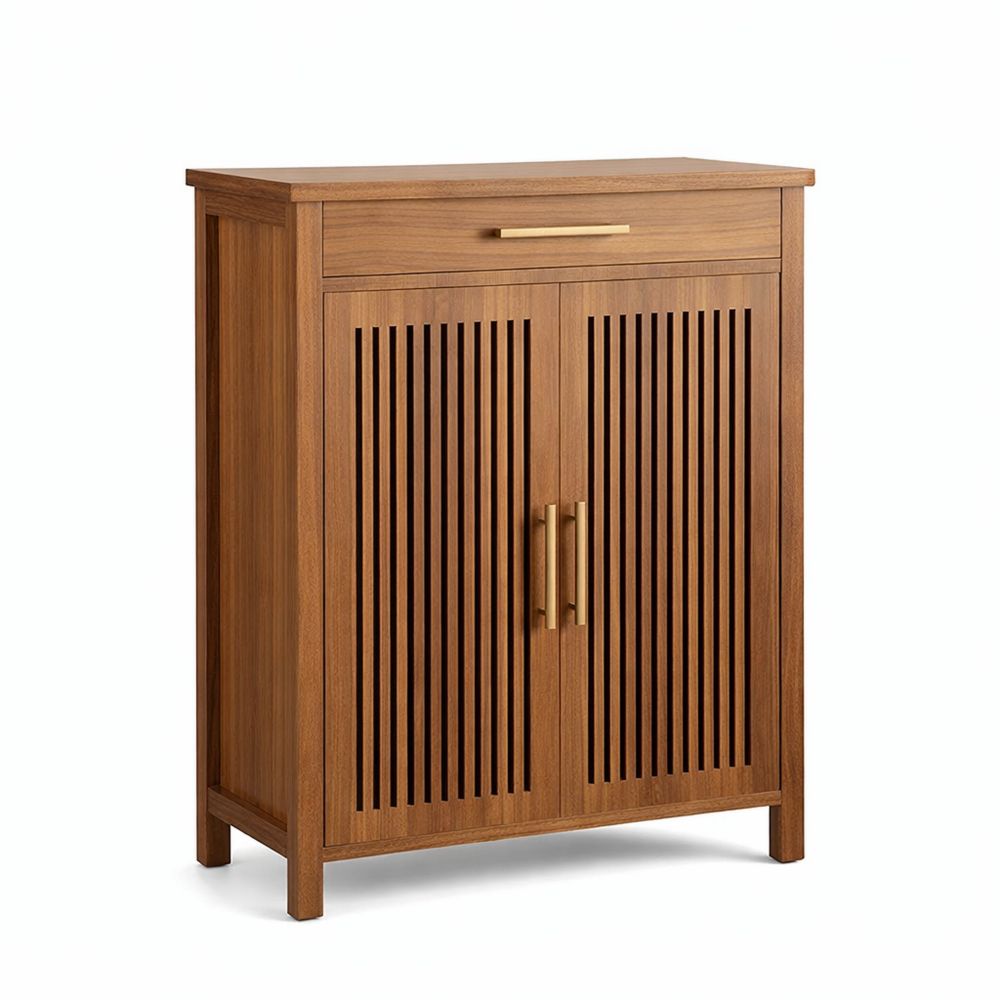 Schmaler Schuhschrank mit Lamellentüren und Schublade – Verstellbares Holzschuhregal für Flur