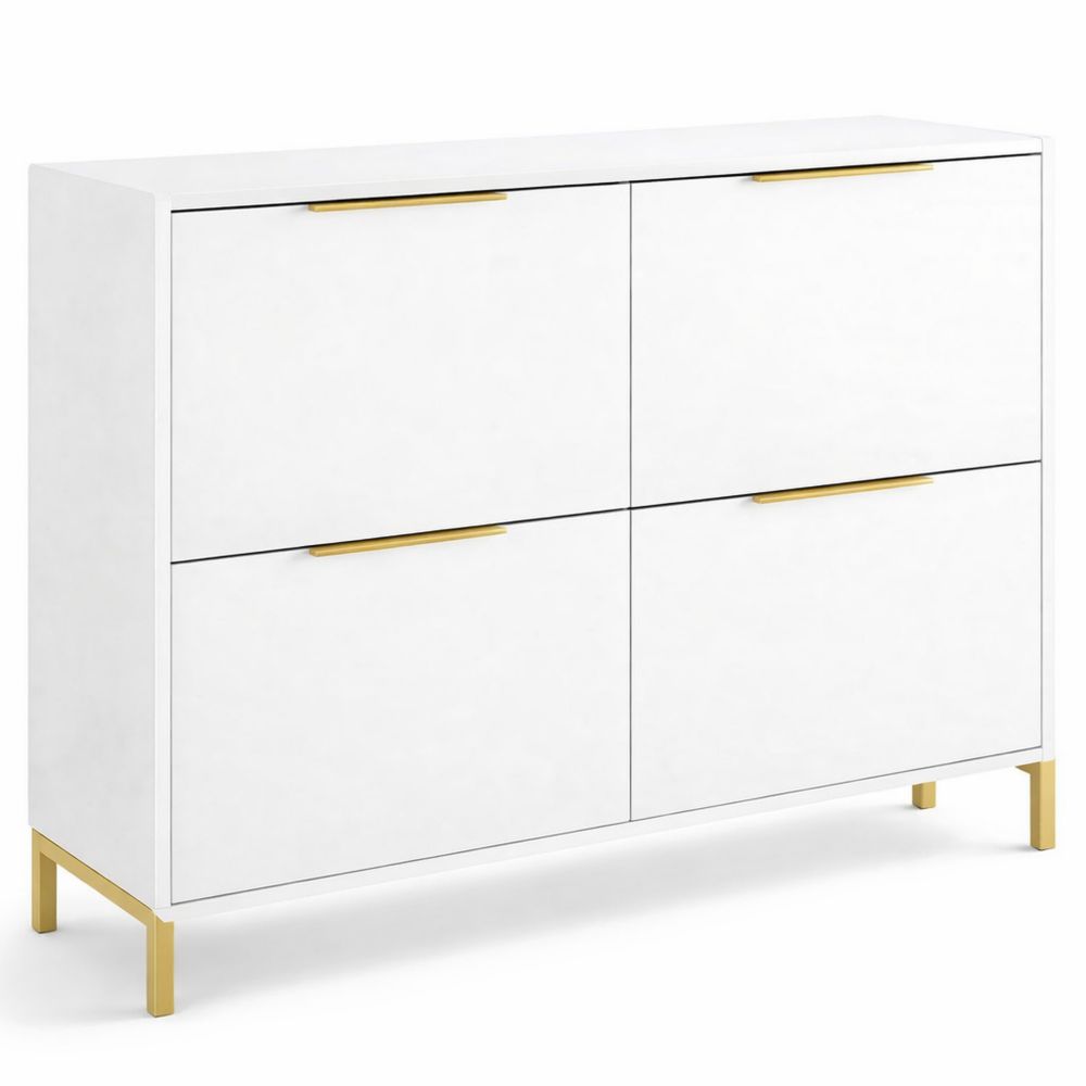 Schmaler Schuhkipper mit 4 Klappen in Hochglanz Weiß, 19cm Tiefe, ideal für Flur