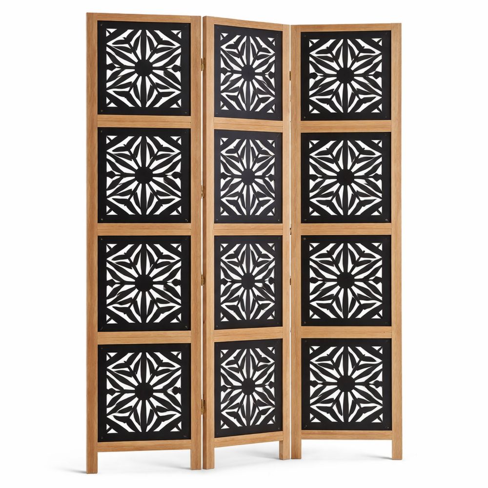 Holz Raumteiler Paravent 3-teilig in Schwarz und Natur