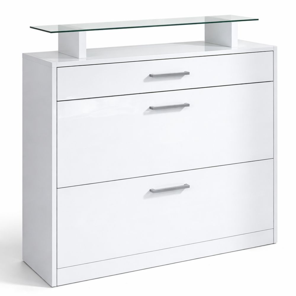 Moderner Schuhschrank mit Glasablage, Platz für 16 Paar Schuhe, Weiß