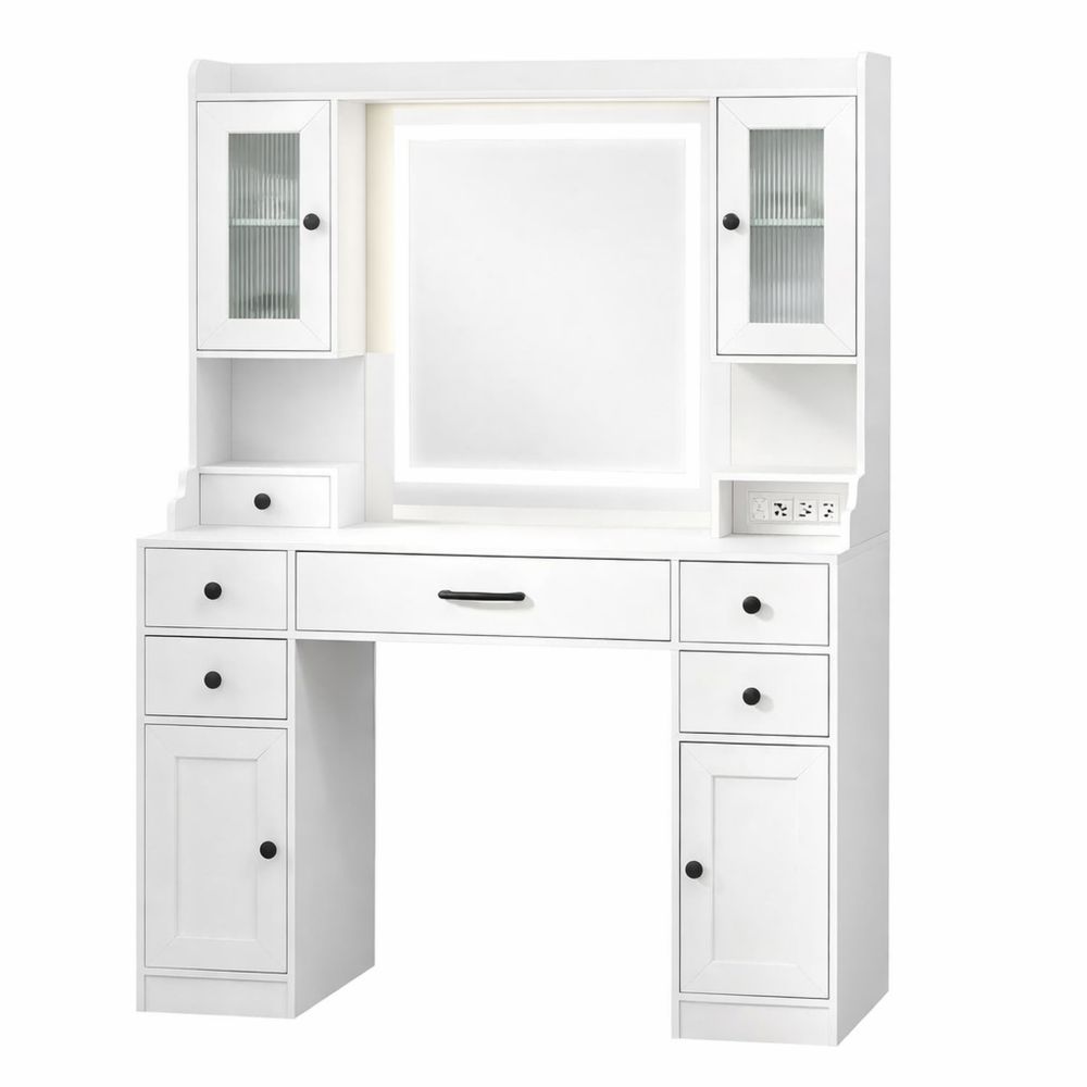 Beleuchteter Schminktisch mit Spiegel und Haartrocknerhalter, 3 Farbmodi, einstellbare Helligkeit, mit Steckdosen, Stauraum und Schubladen, weiß, 105 x 40 x 150 cm