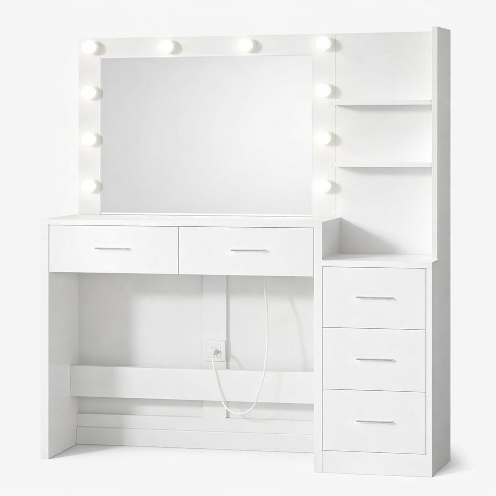 Großer Schminktisch mit LED-Spiegel und Stauraum, Kosmetiktisch für Schlafzimmer, Weiß
