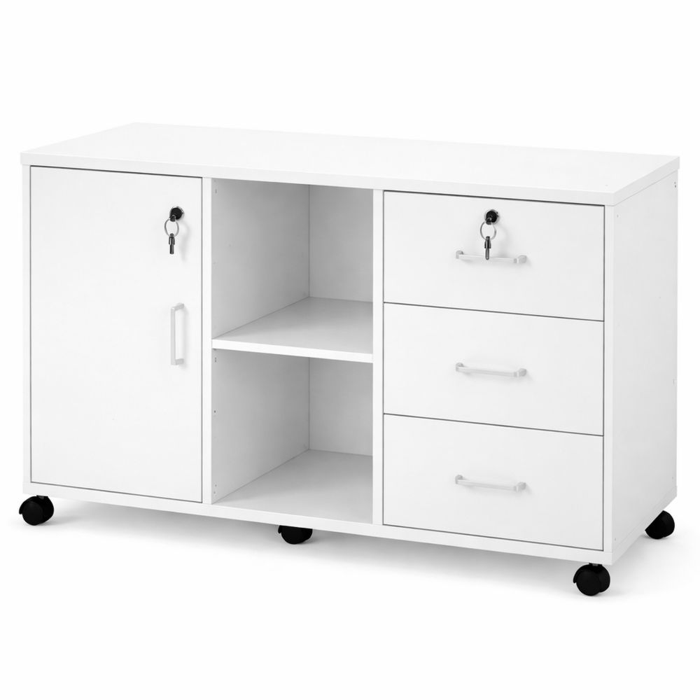 Mobiler Aktenschrank mit 3 Schubladen und offenen Fächern, abschließbar, Weiß