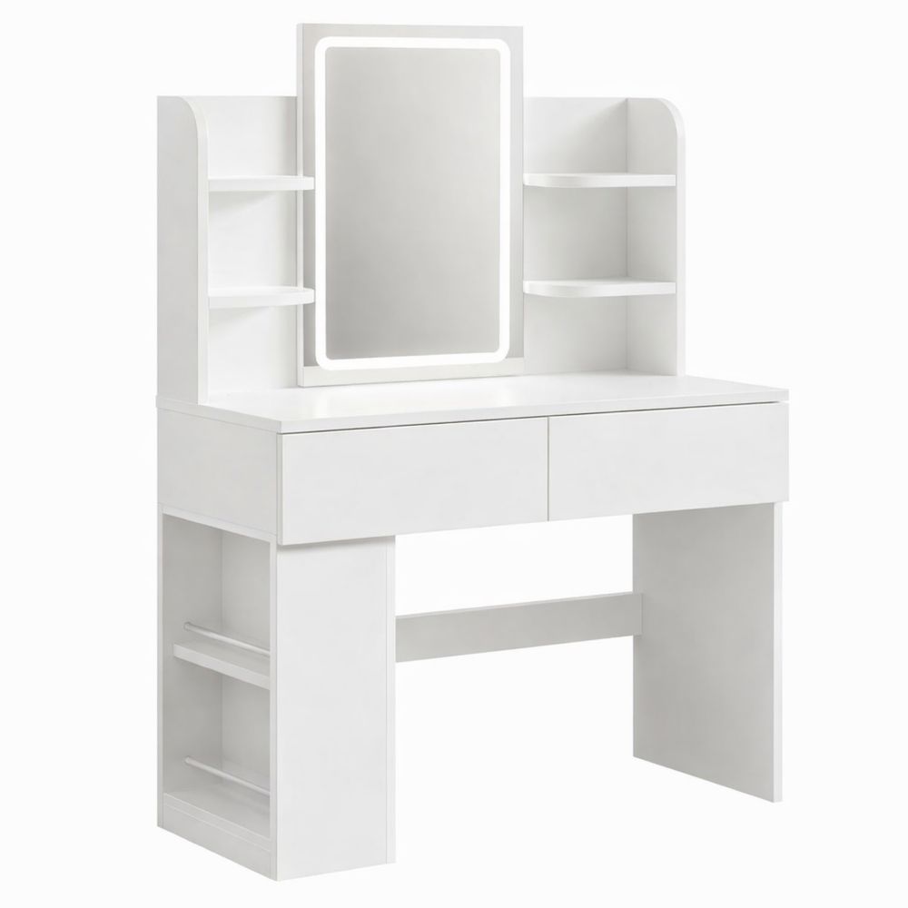 Kosmetiktisch mit beleuchtetem Spiegel, einstellbare LED-Leiste, drei Farbtemperaturen, zwei Schubladen, weiß