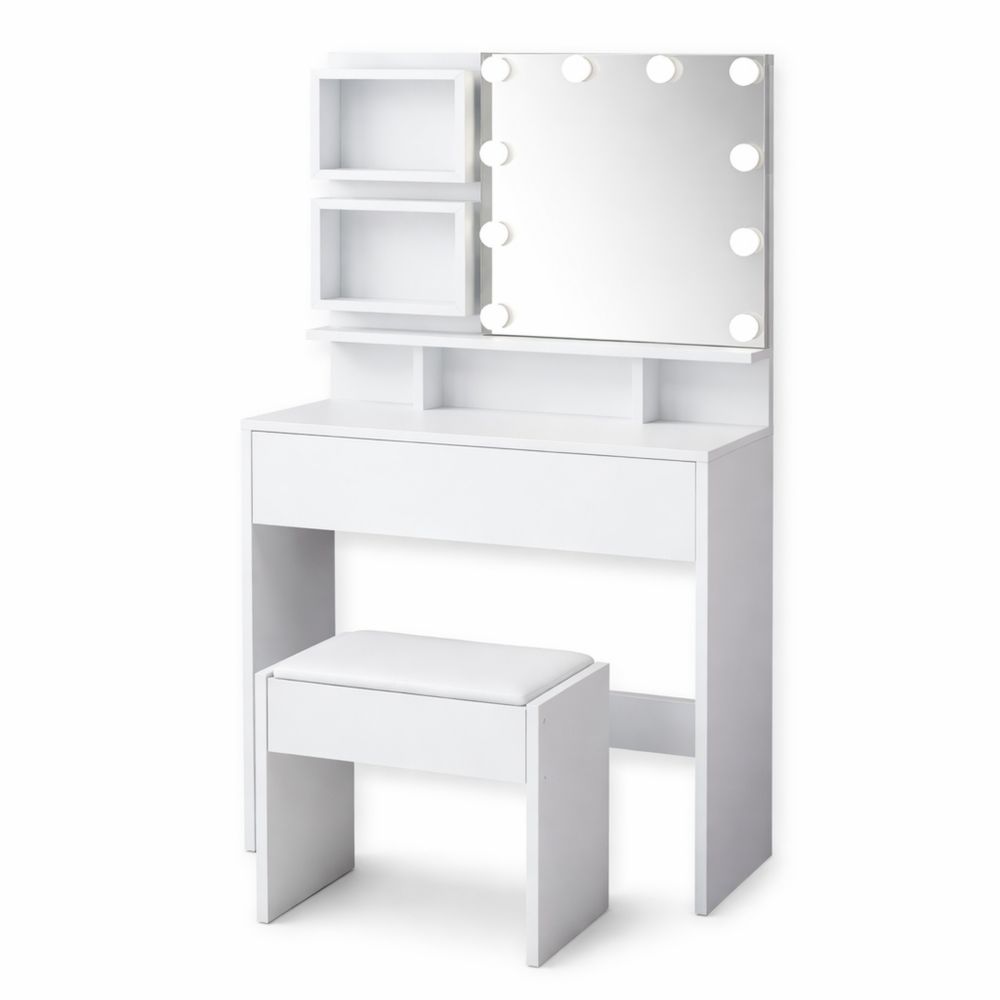 Frisiertisch Set mit LED-Beleuchtung und Hocker, Kosmetiktisch mit Spiegel und Stauraum