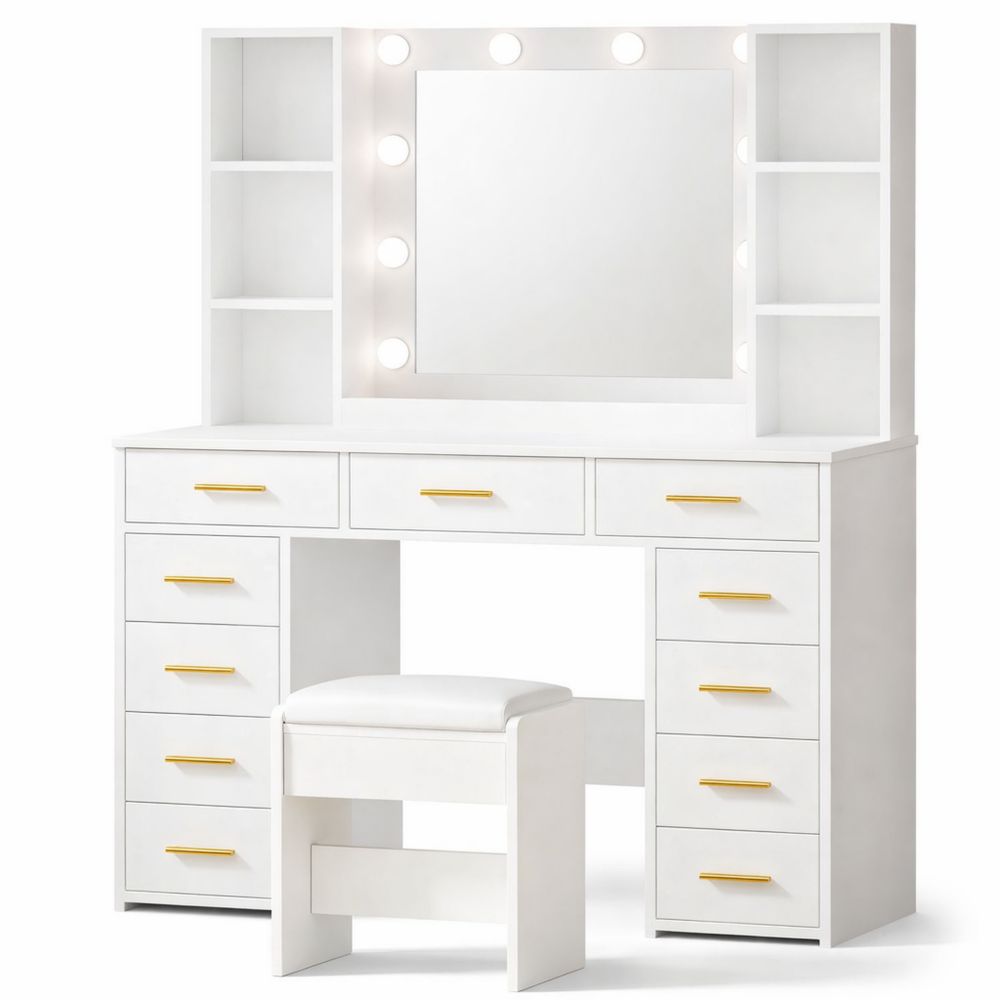 Schminktisch mit LED-Beleuchtung und Spiegel, 11 Schubladen, 6 Ablagen, Hocker, Weiß