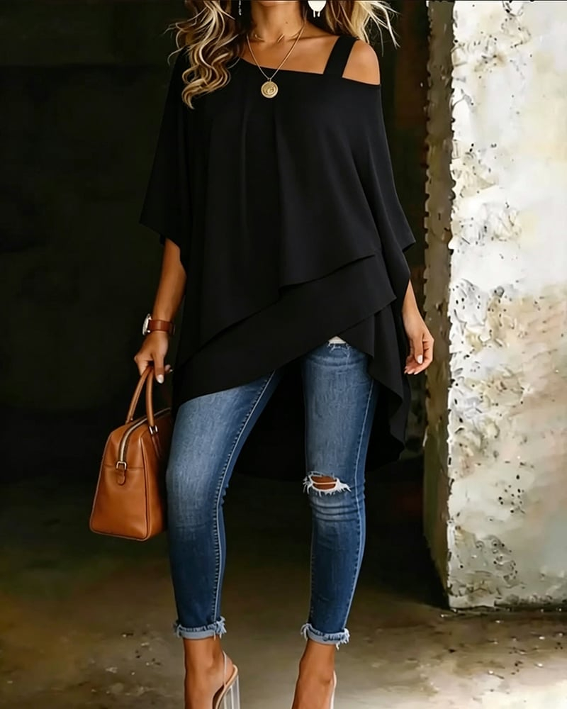 Asymmetric Cold-Shoulder Solid Color Casual Blouse