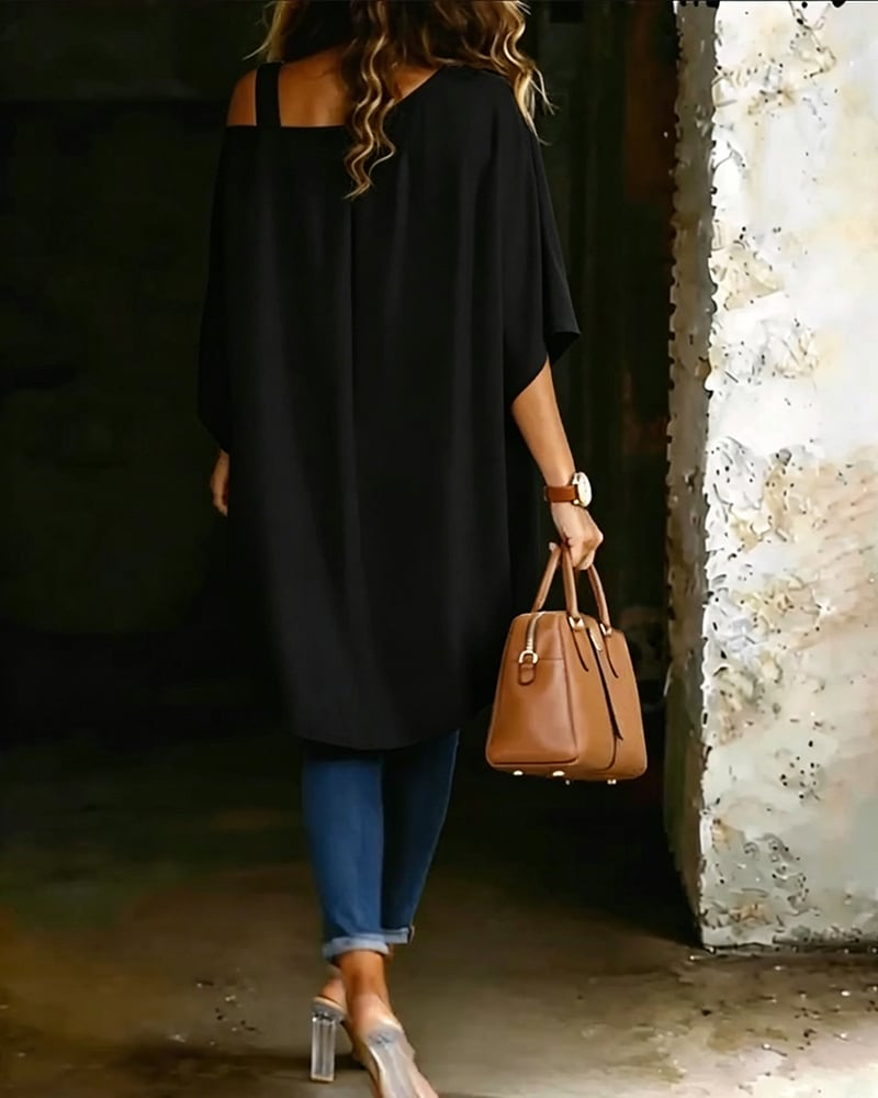 Asymmetric Cold-Shoulder Solid Color Casual Blouse
