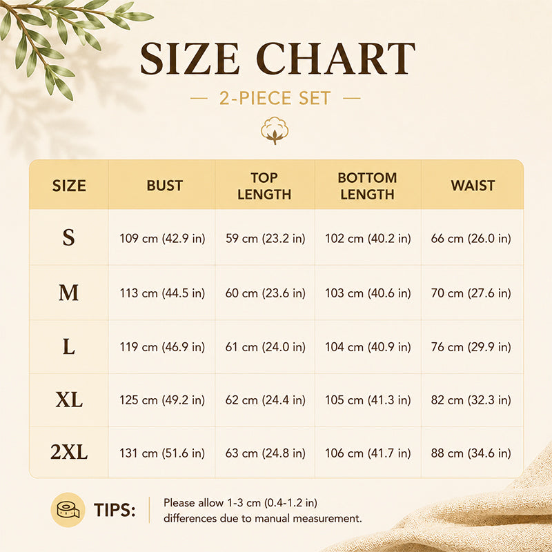 Original S to 2XL size chart for the two-piece set