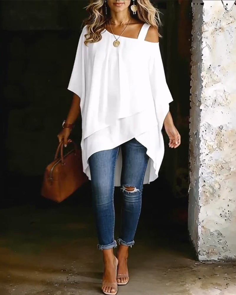 Asymmetric Cold-Shoulder Solid Color Casual Blouse