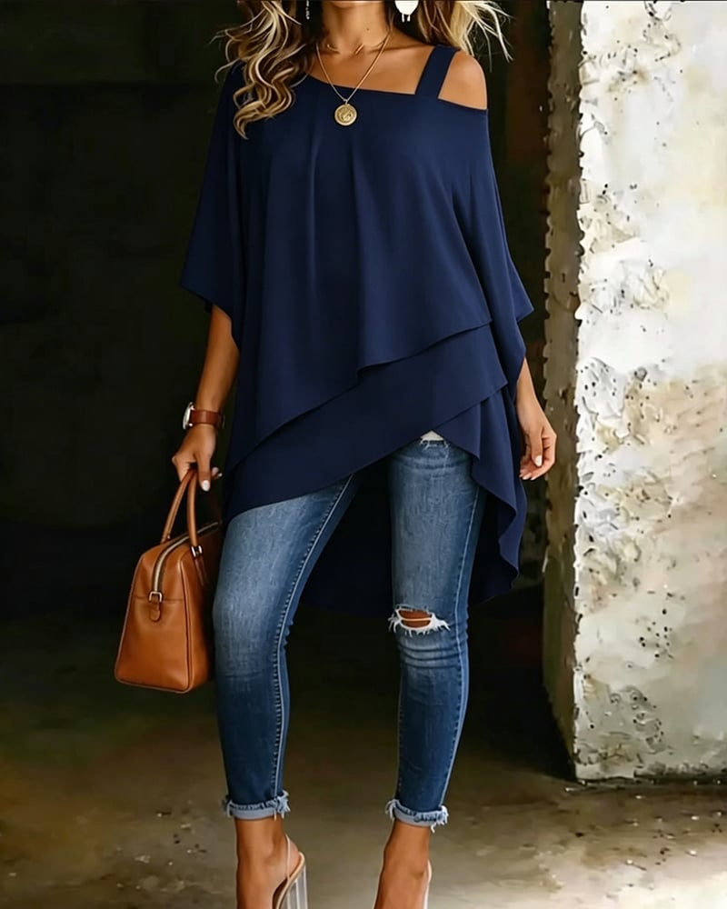 Asymmetric Cold-Shoulder Solid Color Casual Blouse