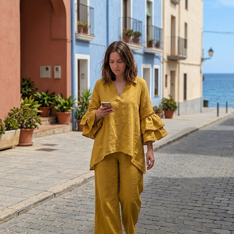 Mustard two-piece set styled on a coastal street