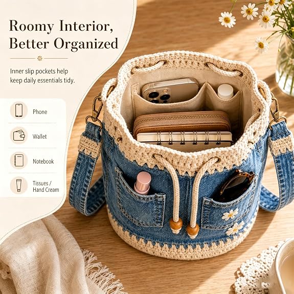 Open Costcrow bucket bag showing interior organization