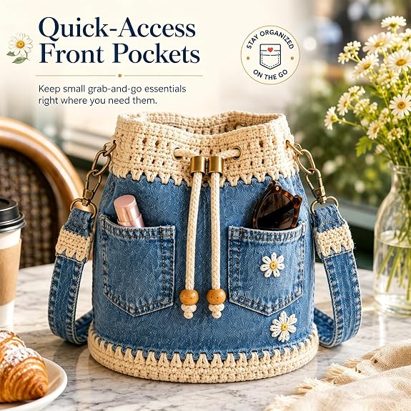 Costcrow blue denim daisy bucket bag with front pockets