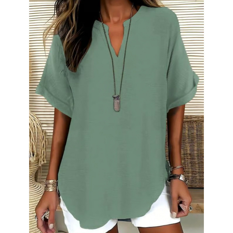 🔥Women's Plain Short Sleeve Blouse, Casual Solid Color Top for Daily Wear, Ladies Clothes for All Seasons