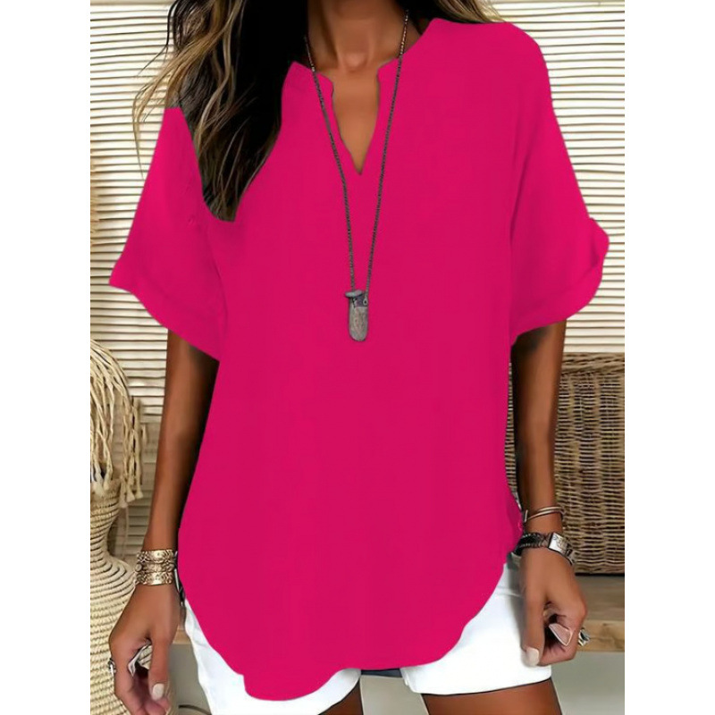 🔥Women's Plain Short Sleeve Blouse, Casual Solid Color Top for Daily Wear, Ladies Clothes for All Seasons