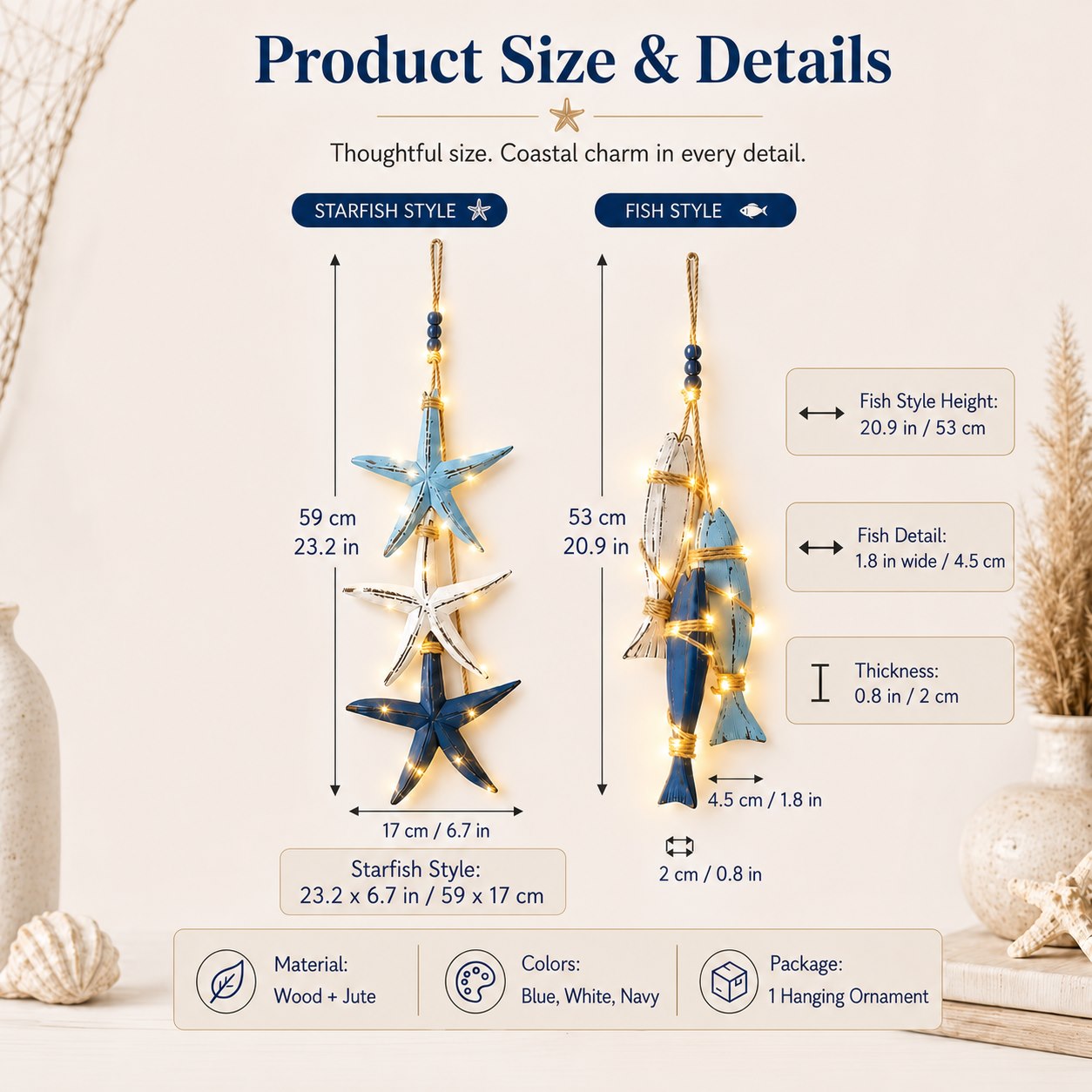 Coastal Wooden Starfish & Fish Hanging Ornament