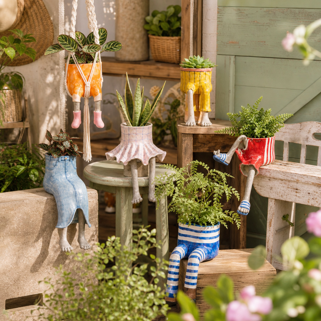 Nine whimsical ceramic leg planter styles displayed among houseplants