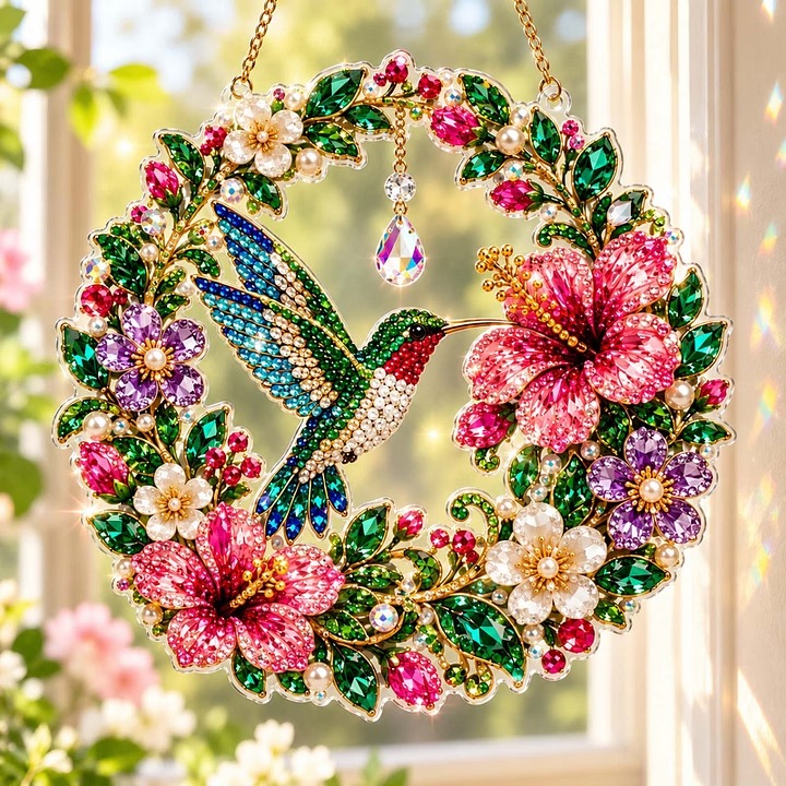 Hummingbird & Hibiscus DIY diamond painting hanging ornament
