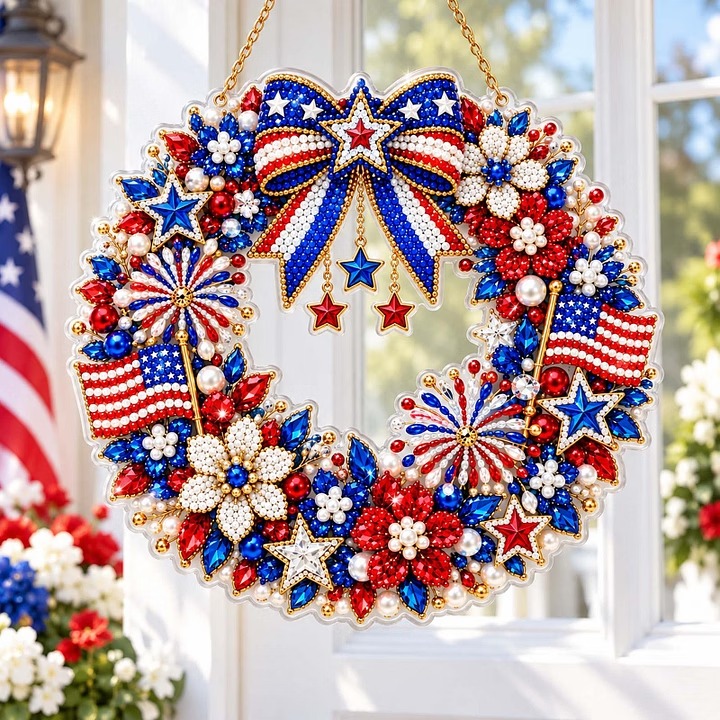 Patriotic Stars & Flags DIY diamond painting hanging ornament
