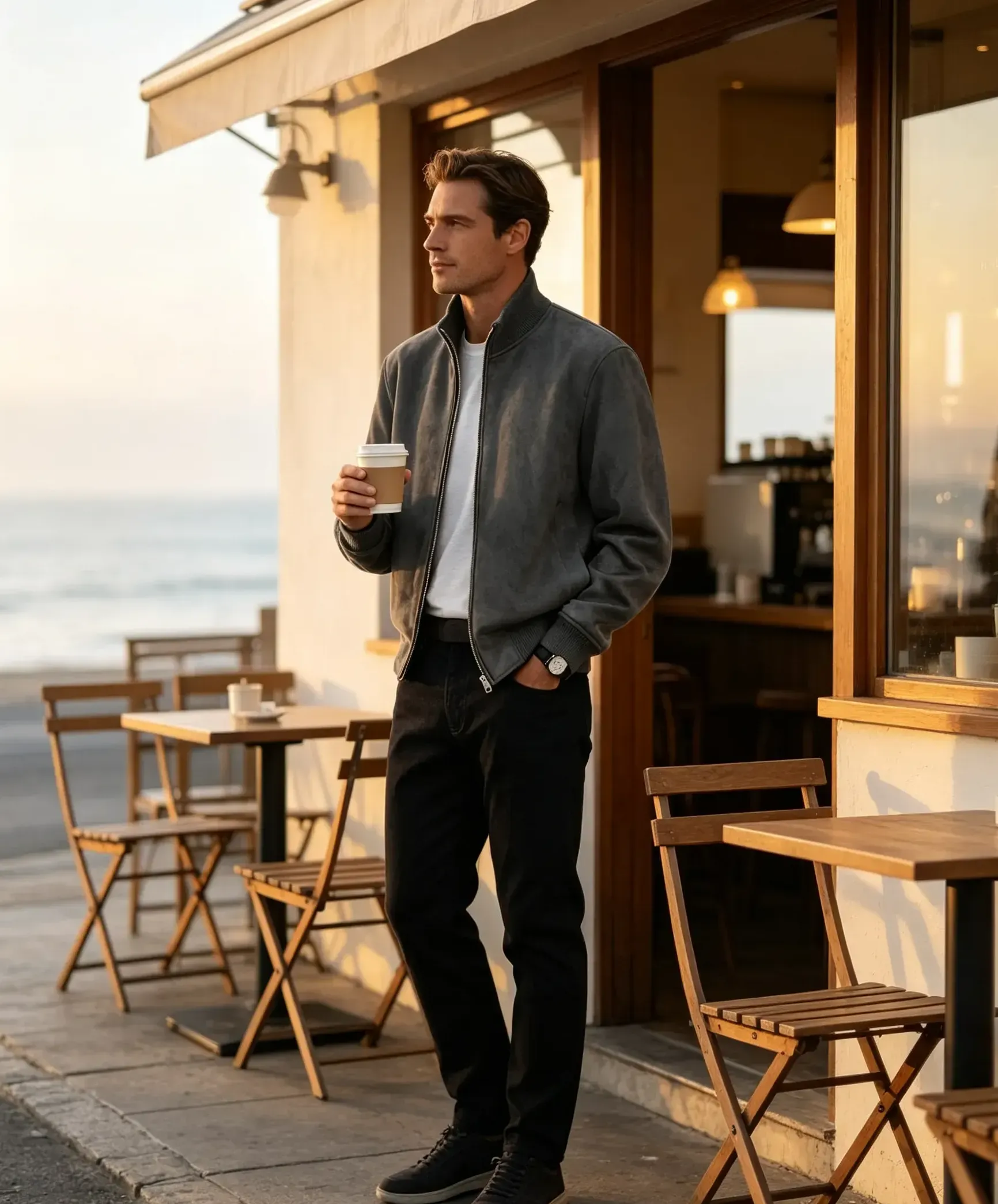 Mature-style casual gray stand collar jacket outfit at a waterfront cafe
