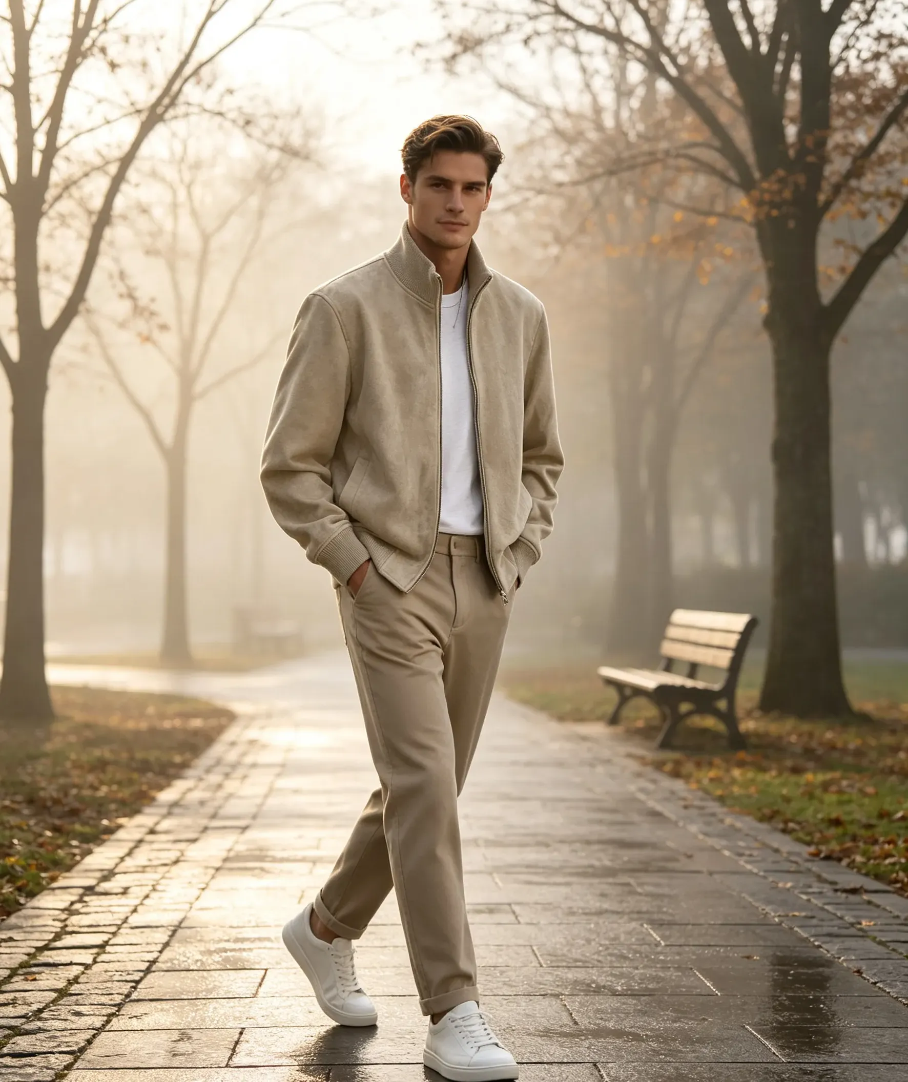 Khaki stand collar zip jacket styled for a relaxed park walk