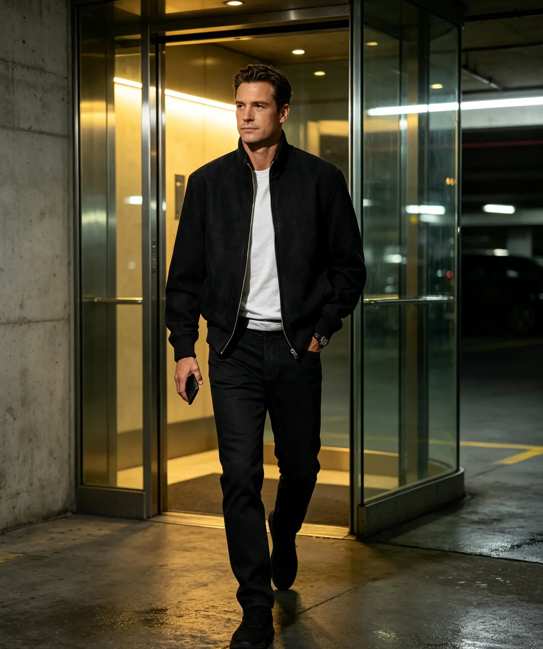 Black stand collar zip jacket styled for an evening city commute