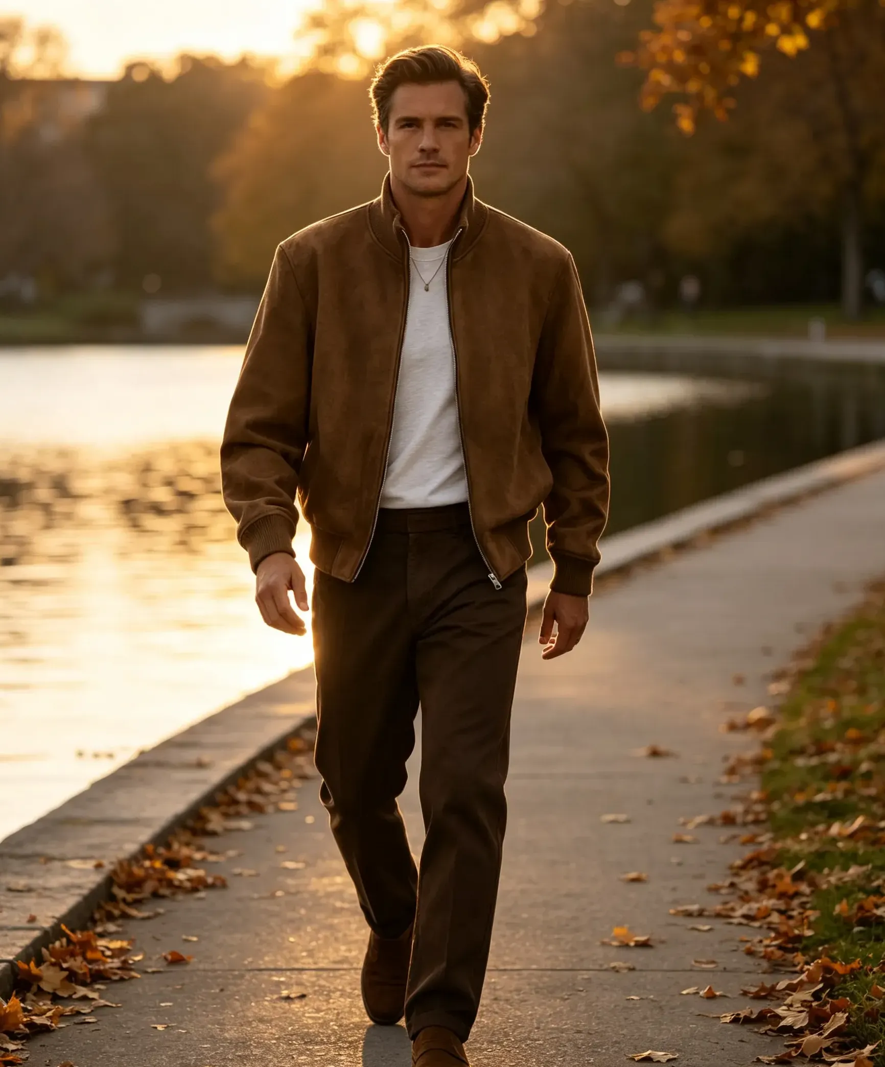 Brown stand collar zip jacket styled for an autumn lakeside walk