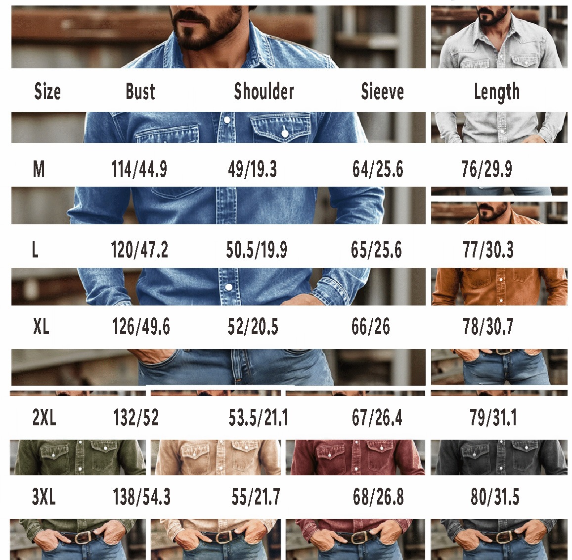 Original men's shirt size chart from M to 3XL