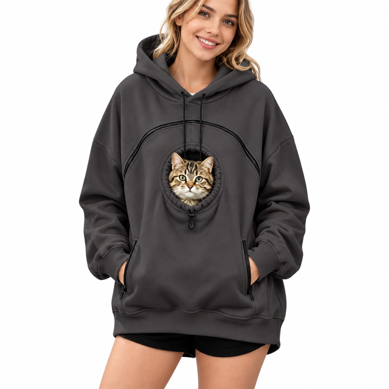 Dark Gray women's fleece-lined pet pouch hoodie with cat