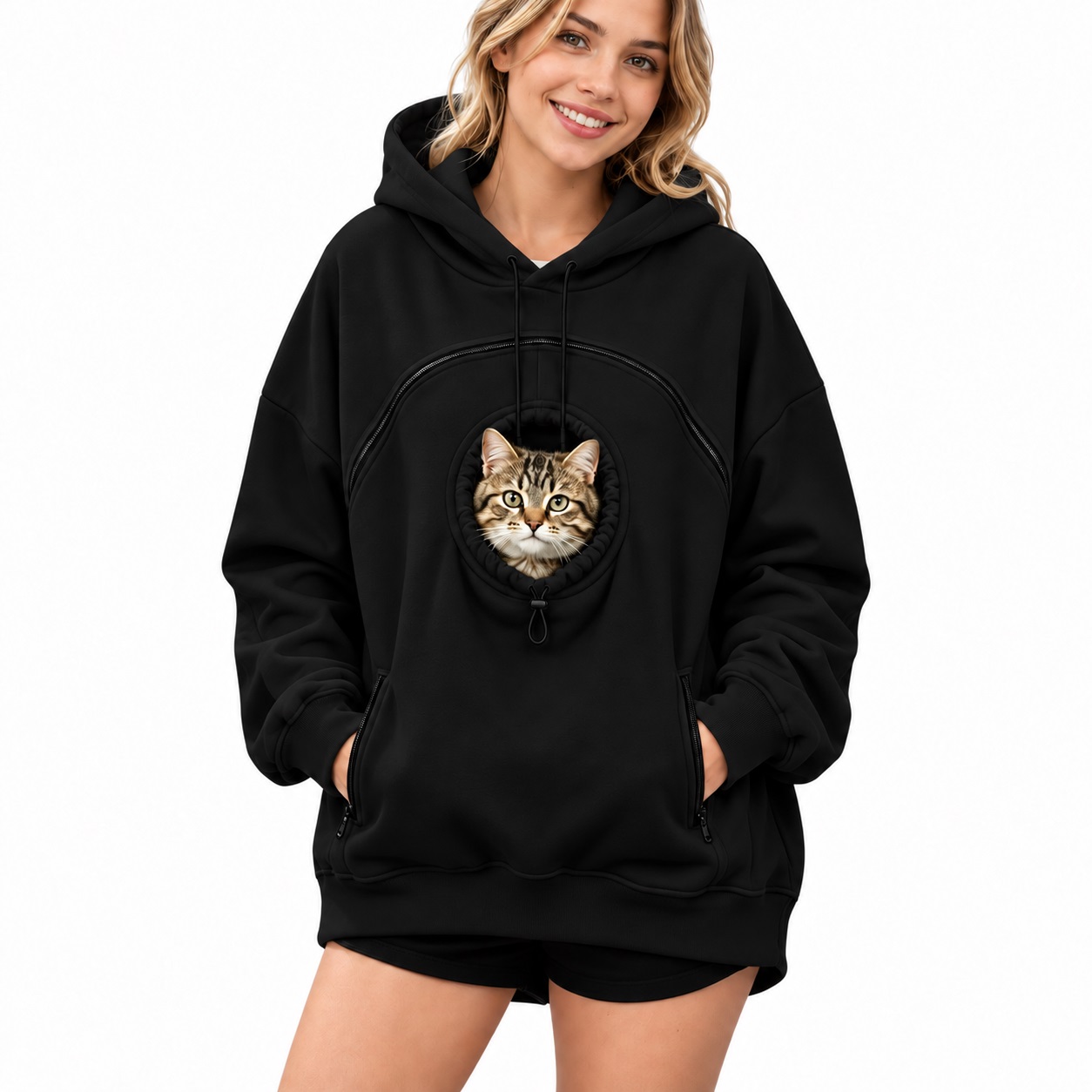 Black women's fleece-lined pet pouch hoodie with cat