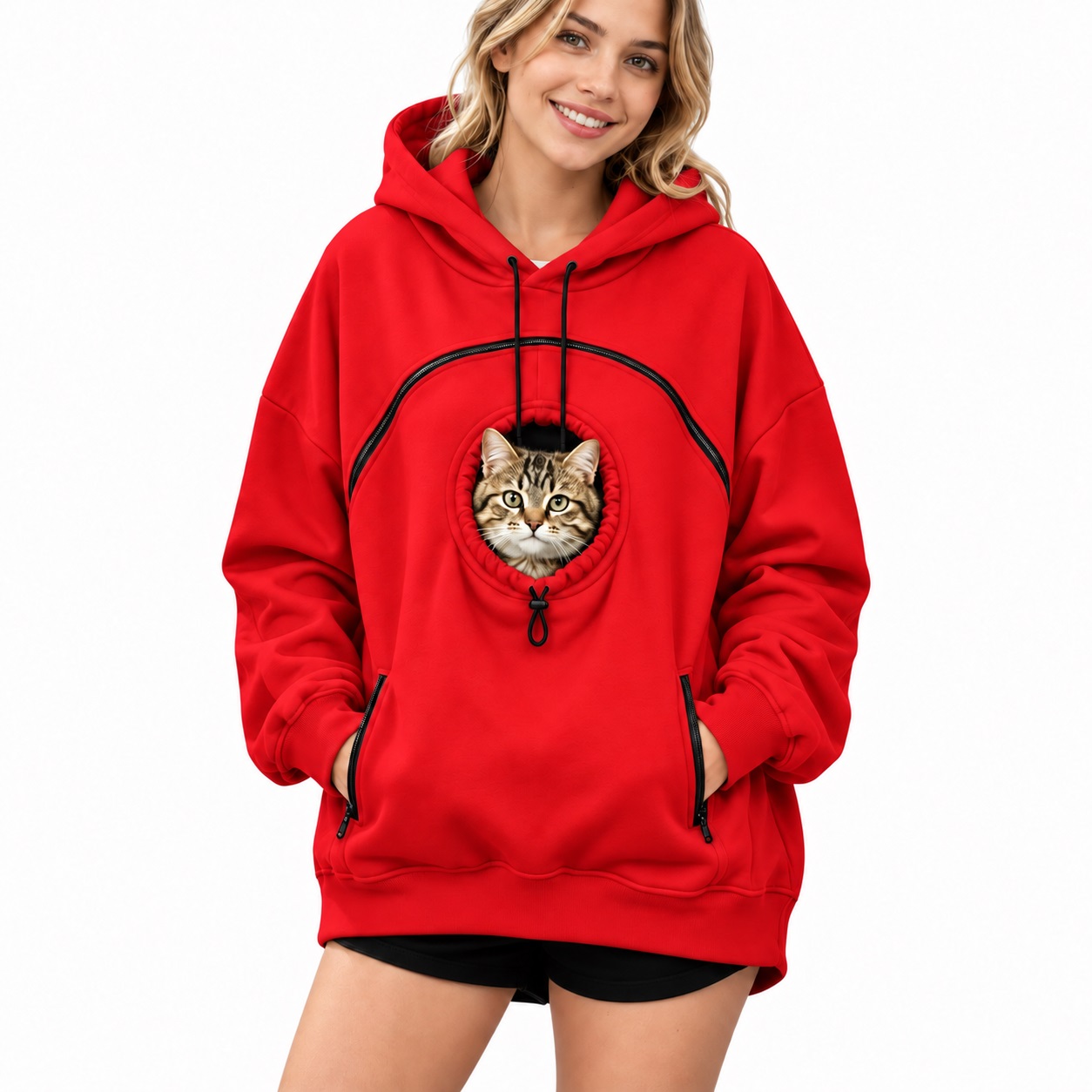 Red women's fleece-lined pet pouch hoodie with cat