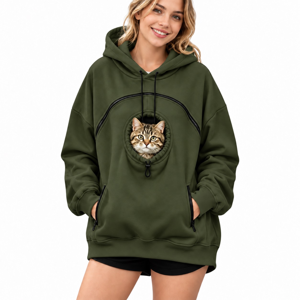 Army Green women's fleece-lined pet pouch hoodie with cat