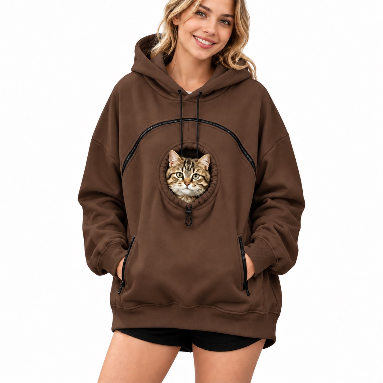 Brown women's fleece-lined pet pouch hoodie with cat
