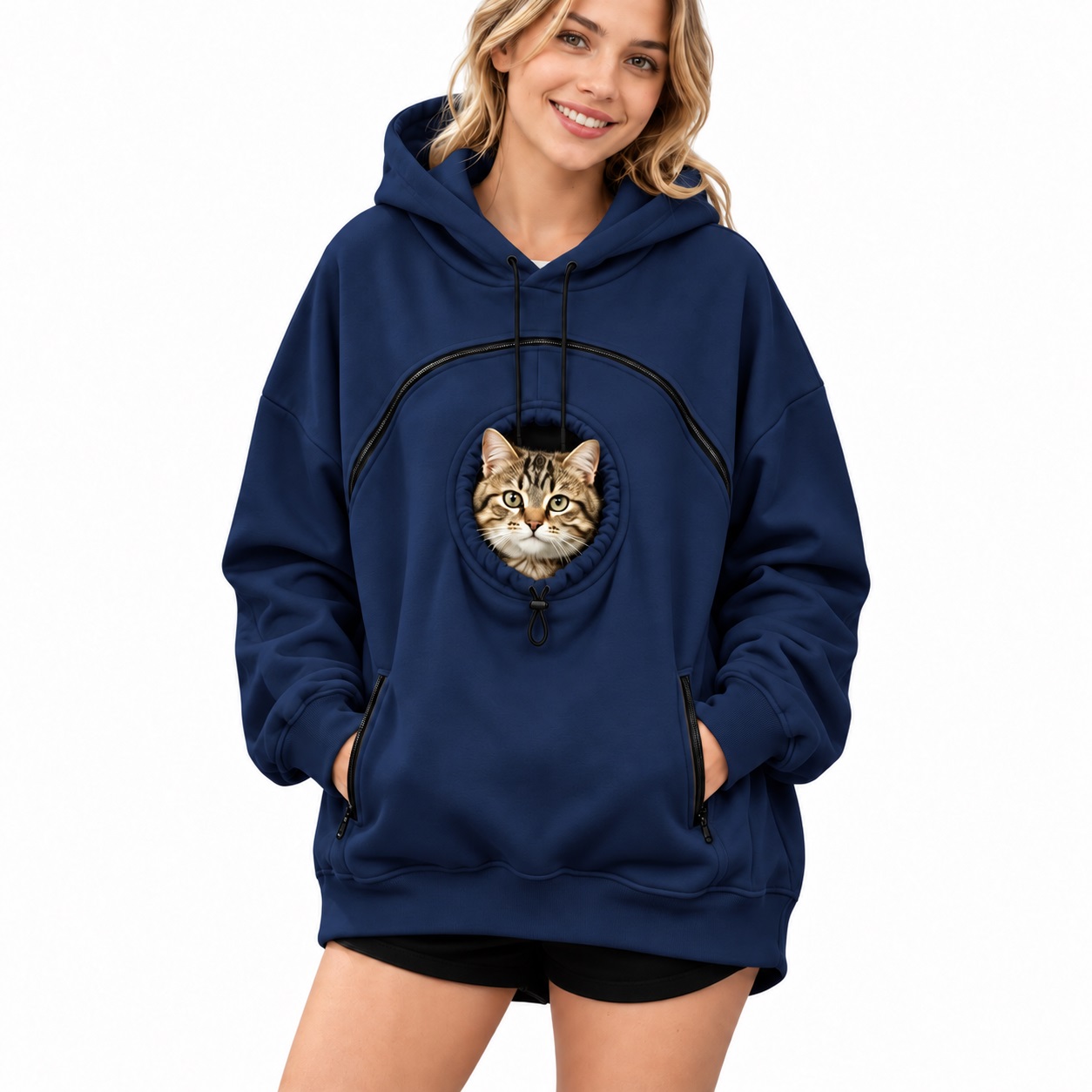 Navy women's fleece-lined pet pouch hoodie with cat